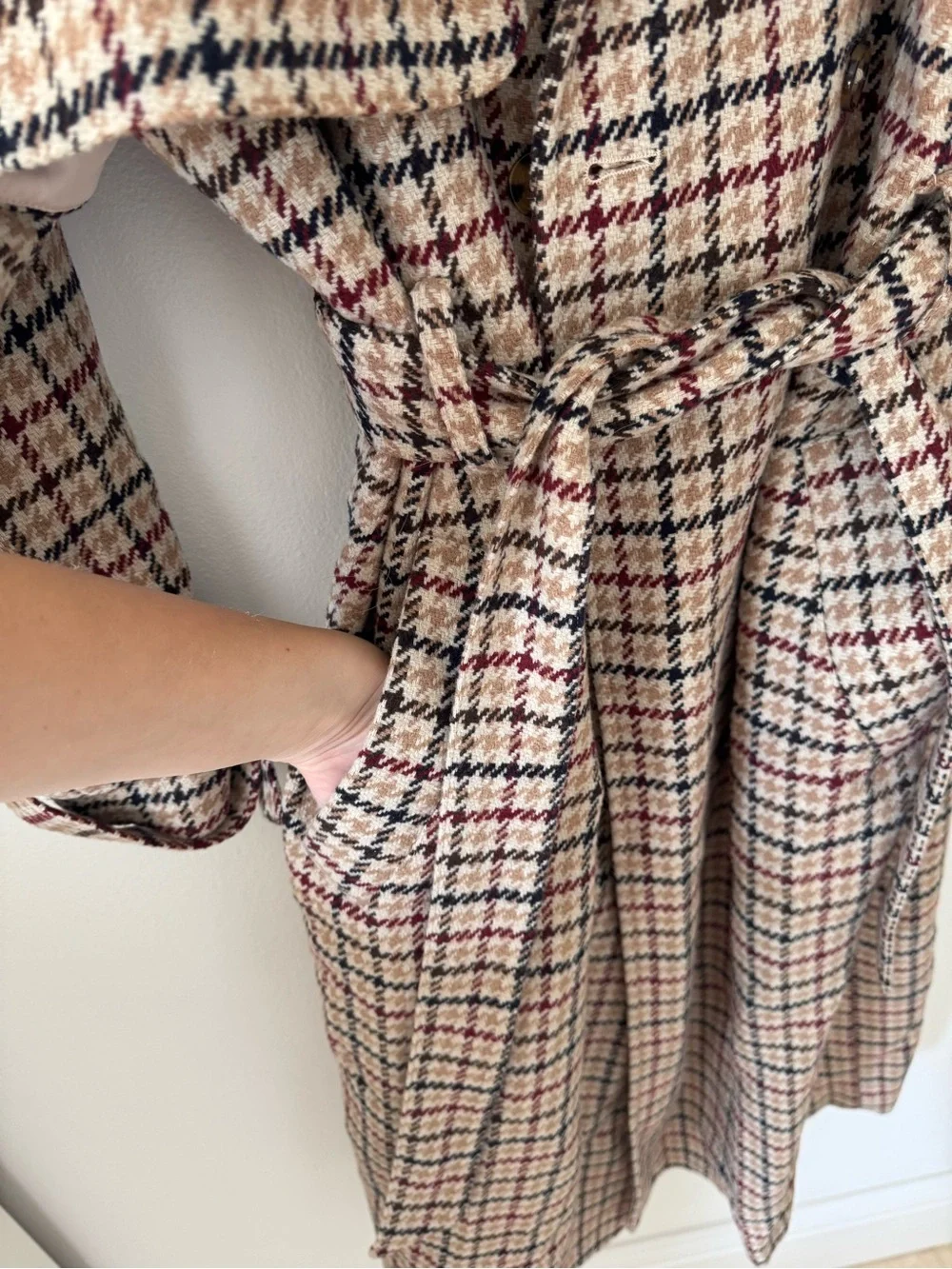 Rumored Plaid Trench Coat in Beige, Black & burgundy